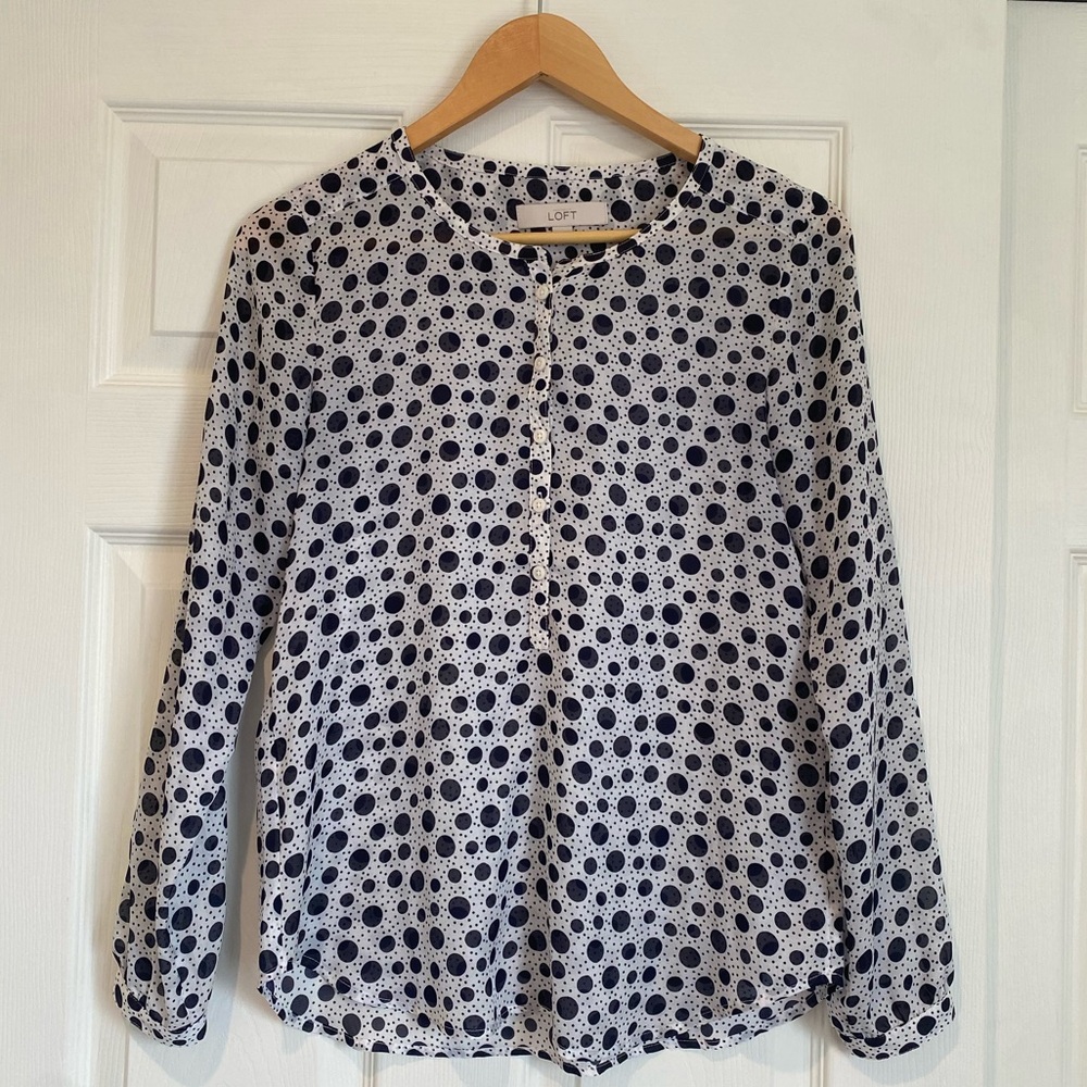 LOFT White Navy Polka Dot Blouse